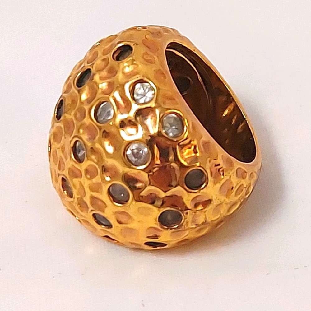 Vtg 18KGE gold ring Brutalist modernist dome with clear crystals sz 6